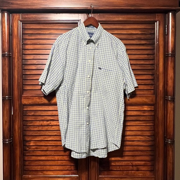 Faconnable Other - Faconnable Mens Large Green Blue Plaid Short Sleeve Button Down Shirt USA Made